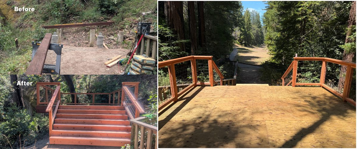17th tee box rebuild — before construction, after stairs and railing, and the view from the new tee through the redwoods
